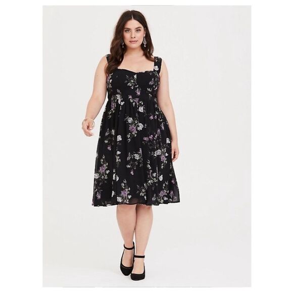Torrid Special Occasion Black Floral Sweetheart Sleeveless Midi Dress Size 14 - Picture 1 of 13
